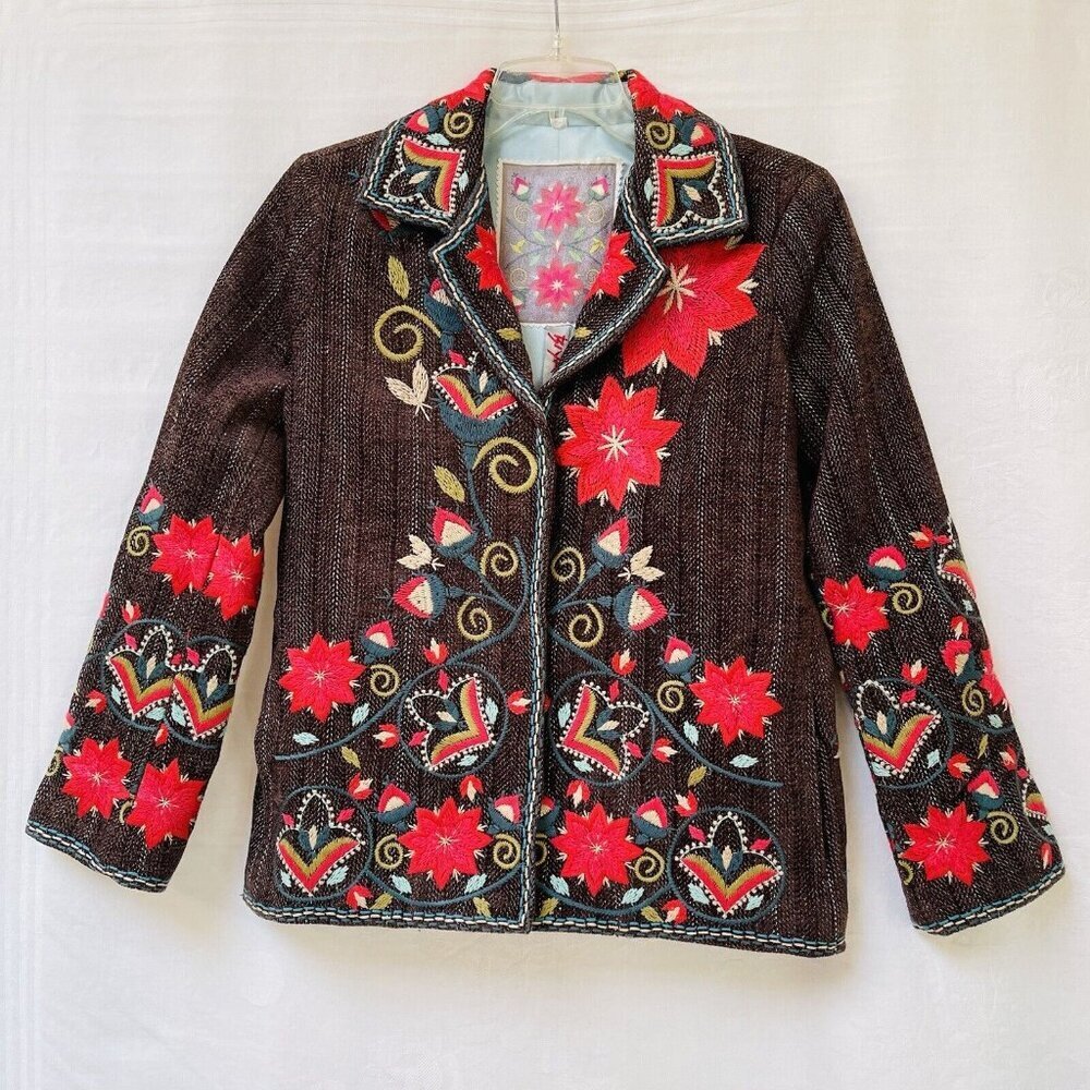Johnny Was Biya Blazer Jacket Womens Small Floral Embroidered Wool‎ Boho Office